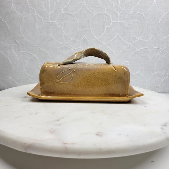 Handmade Pottery Butter Dish with Lid Leaf Handle Studio Stoneware Brown Glaze - Picture 4 of 16